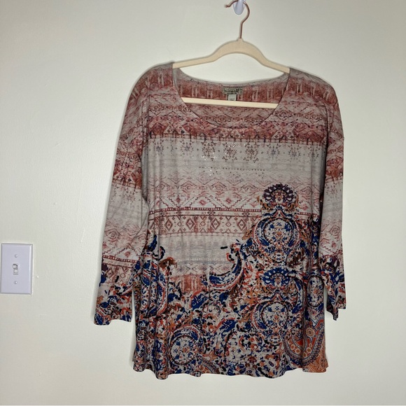 One World boho southwestern 3/4 sleeve knit top 2X - Picture 1 of 6